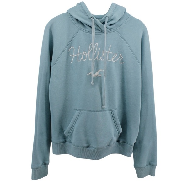 Y2K Hollister Baby Blue Spellout Hoodie Academia Collegiate Comfy Size M - Picture 2 of 10